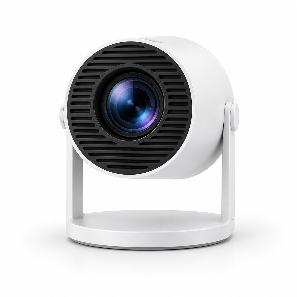Portable HY300 compact white mini projector on white background